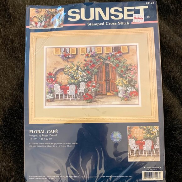 Sunset Stamped Cross Stitch kit - Floral Cafe by Roger Duvall - Picture 1 of 4
